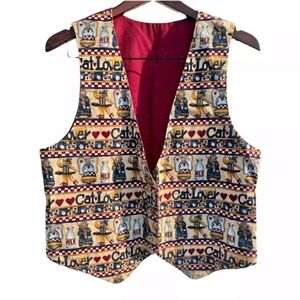 NWOT 80s Handmade Cat Lover Vest M-L 100% Cotton Tan Red